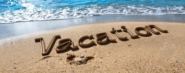 The word Vacation written in the sand on the beach, with a blue sea and sky background on a sunny day.