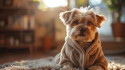 A small dog is wearing a brown sweater and laying on a rug. The dog appears to be relaxed and comfortable in its cozy attire