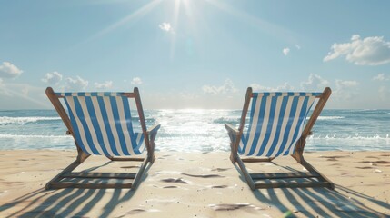 Two blue and white striped deck chairs sat on the beach, with the sun shining down