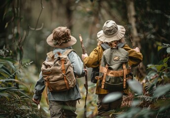 Two children dressed as explorers walking in the forest with backpacks and sticks.