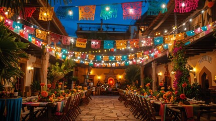 Obraz premium A large room with tables and chairs set up for a party. The tables are covered with colorful tablecloths and there are many flowers and decorations. Scene is festive and celebratory
