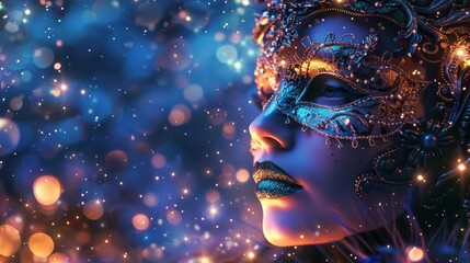 A woman with a mask on her face is surrounded by a lot of sparkles. The image has a dreamy and ethereal feel to it, as if the woman is in a fantasy world