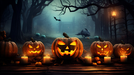 Halloween background with pumpkins and cemetery