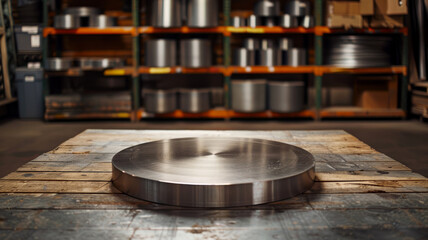 Obraz premium A metal disc in a warehouse.