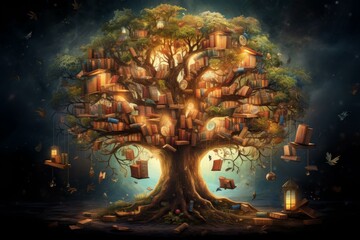 Magical tree with books for leaves and lanterns illuminating an ethereal woodland scene