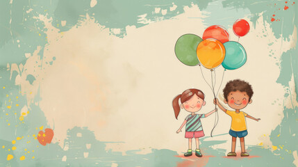 watercolor illustration, postcard, International Children's Day, small smiling girl and boy with a bunch of colorful balloons, light background, copy space, free space for text