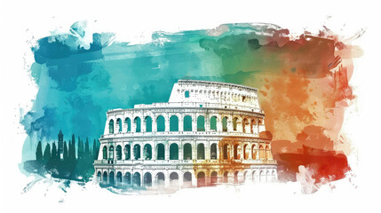 watercolor illustration, postcard, Republic Day in Italy, famous historical landmark, colosseum in Rome, on the background of the Italian flag