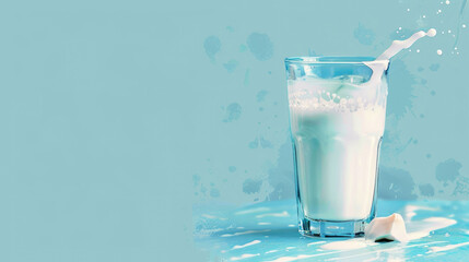 watercolor illustration, postcard, World Milk Day, milk splashing out of a glass, blue background, copy space, free space for text