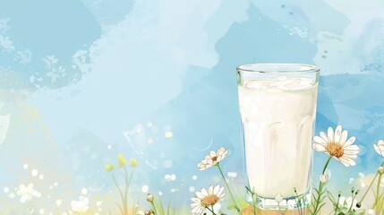 watercolor illustration, postcard, World Milk Day, a full glass of milk among field daisies, blue background, copy space, free space for text