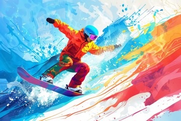 A snowboarder in action against a colorful splash background Generative AI
