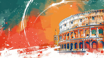 watercolor illustration, postcard, Republic Day in Italy, famous historical landmark, colosseum in Rome, on the background of the Italian flag, copy space, free space for text