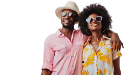 Attractive black couple in summer vacation outfit isolated on white background , png transparent