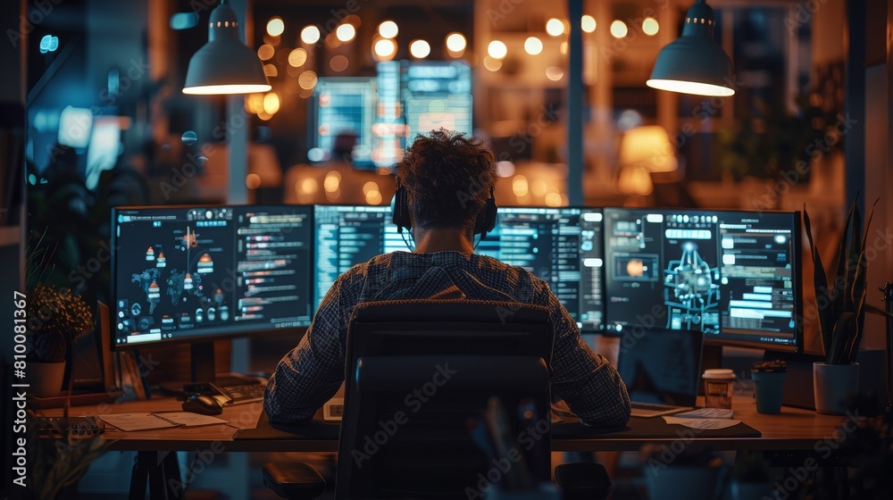 Aufkleber A collaborative team working late at night on AI development, with multiple screens displaying code and AI models. The team is engaged in a brainstorming session. Generative AI.