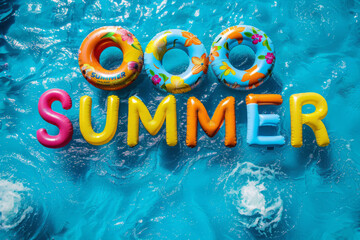 Top view of inflatable rings in shape of word summer in blue swimming pool. Summer vacation in hotel resort