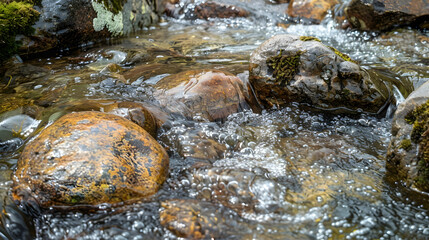 Obraz premium Close-up of a small, crystal-clear creek with smooth stones and moss under the gentle flow of water, capturing the texture and tranquility