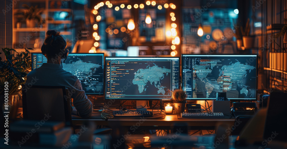 Aufkleber A collaborative team working late at night on AI development, with multiple screens displaying code and AI models. The team is engaged in a brainstorming session. Generative AI.