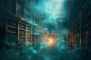 A grand, magical library acting as a portal to mystical worlds, with shelves of glowing books and a misty ambiance Perfect for an educational app promotion, symbolizing the adventure and wonder