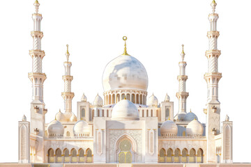 Obraz premium White mosque model with minarets and domes. Digital 3D rendering. Religious architecture and Islamic culture, isolated on a transparent background. PNG, cutout, or clipping path.