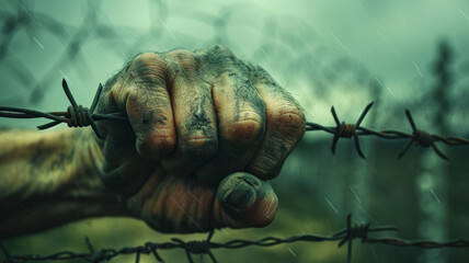 A dirty hand gripping barbed wire.