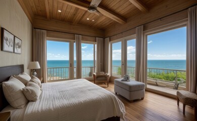 Fototapeta premium Relaxing Seaside Bedroom with Ocean View