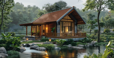 Fototapeta premium The charming 1-store house, simply designed with an uncovered balcony overlooking a peaceful stream. Generative AI.