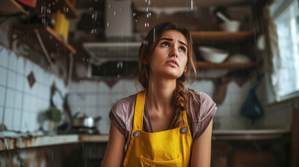 Obraz premium Sad woman in a yellow apron looking up at a leaking ceiling in the kitchen.