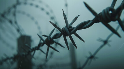 Close-up of barbed wire with a foggy background.