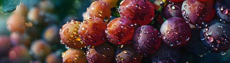 Close-up of ripe grapes on the vine with detailed texture visible, highlighting the vibrant colors and droplets of morning dew