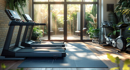 Modern gym for exercising at home treadmill stands by the window. Generative AI. - Powered by Adobe