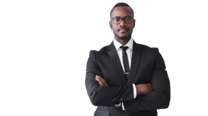 Young handsome black man with crossed arms looking at the camera. Positive Successful businessman, isolated on white transparent background