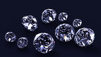 3D rendering, a scattering of precious stones, diamonds on a dark background.