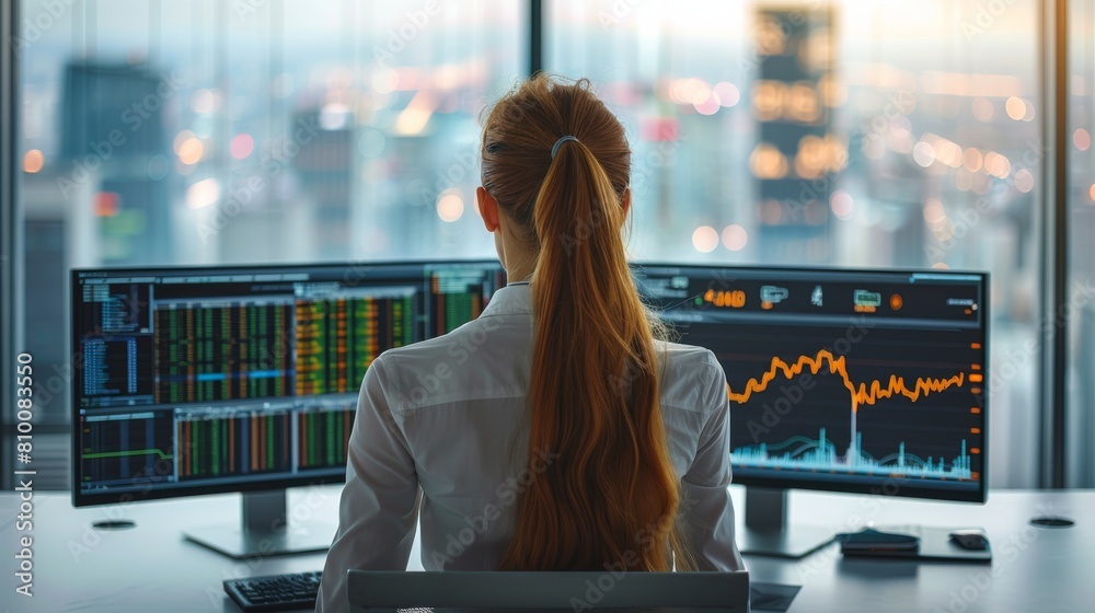 Poster a woman sitting in a modern office. the high-tech screens around her still display complex graphs an