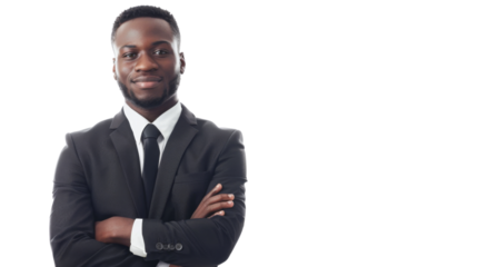 Young handsome black man with crossed arms looking at the camera. Positive Successful businessman, isolated on white transparent background