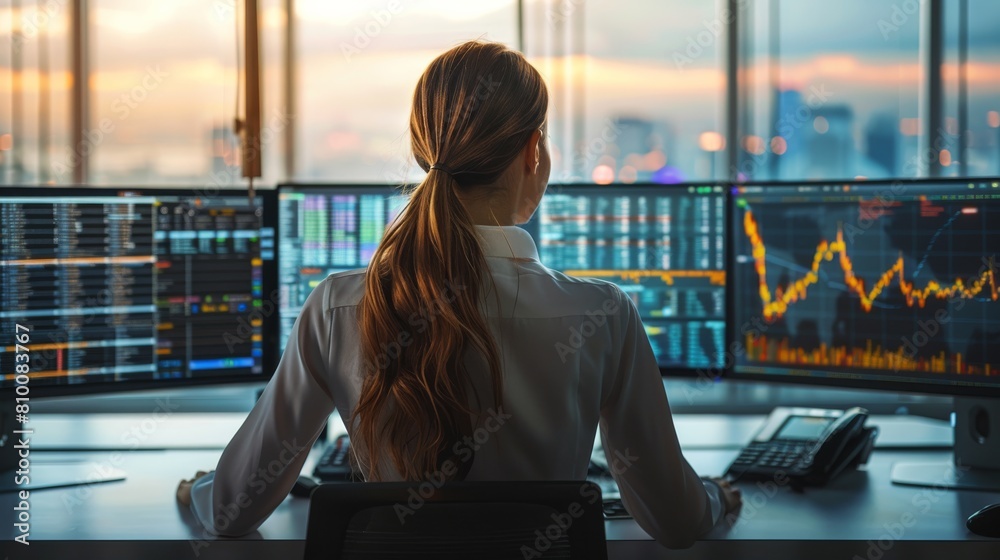 Poster a woman sitting in a modern office. the high-tech screens around her still display complex graphs an