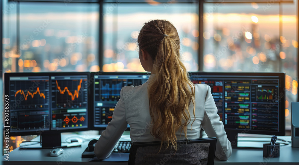 Aufkleber A woman sitting in a modern office. the high-tech screens around her still display complex graphs and data. Generative AI.