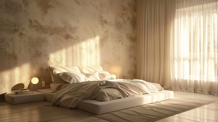 A sleek minimalist bedroom featuring a textured beige stucco wall, minimalist furniture, and a...