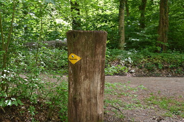 A hiking trail written in German and Zurich coat of arms on a yellow label attached to a tree stump in a forest near the Swiss village of Urdorf in canton of Zurich.