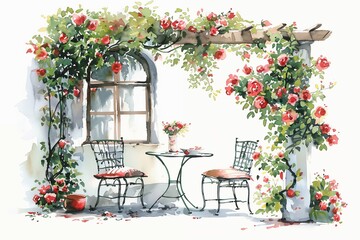 Rustic Watercolor hand drawn illustration of a Quaint patio with iron furniture and climbing roses, in white background