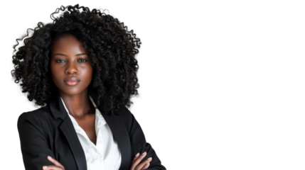 Young handsome black woman with crossed arms looking at the camera. Positive Successful businesswoman, isolated on white transparent background
