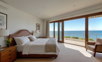 Fototapeta premium Relaxing Seaside Bedroom with Ocean View