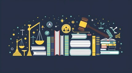 Modern educational template with symbolic law icons, including authoritative rulebooks, precise balance scales, and a commanding gavel