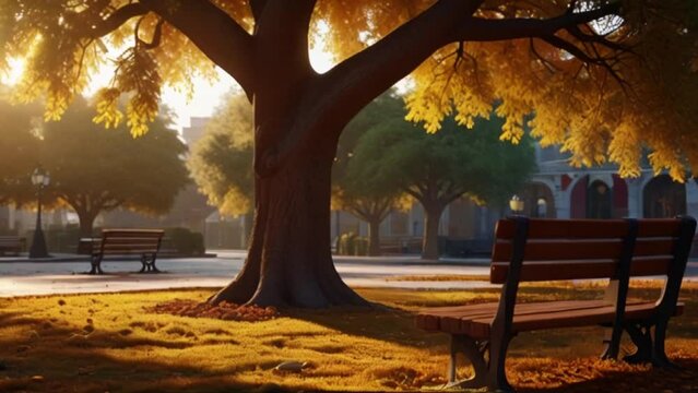 A park with a guesthouse, autumn in the park, old banyan trees and benches in the park in the afternoon golden hour Generative AI
