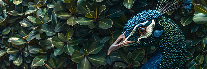 Detailed view of a topiary hedge shaped like a peacock with its feathers spread, emphasizing the intricate leaf textures and natural color gradients in daylight