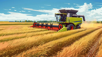 Obraz premium Combine harvesting wheat in a field, illustration in 8-bit style