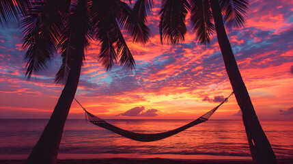 The epitome of relaxation: hammock stretched between palm trees, swaying gently in tropical sunset breeze. Paradise retreat concept.