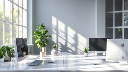 White coworking interior with pc computers on tables near window. Mockup wall hyper realistic 