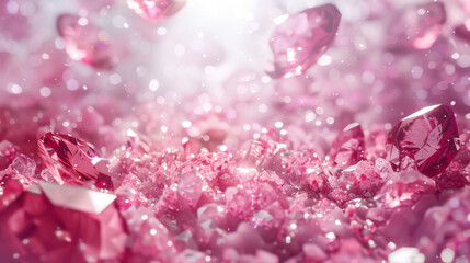 Pink shining diamonds on a white background. Crystal clear pink diamonds in a booth with a light...