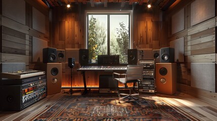 A music studio recording, sound booths, recording items in a small studio. Generative AI.