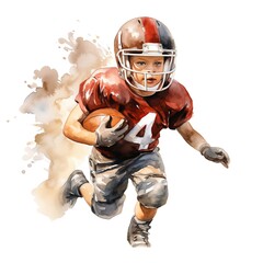 Children football. American football clipart. Watercolor illustration. Generative AI. Detailed illustration.