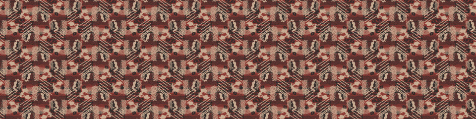 Tribal ethnic camouflage abstract border design in fall color trend. Seamless banner rustic surface texture with neutral tone handwork mark making shapes. 